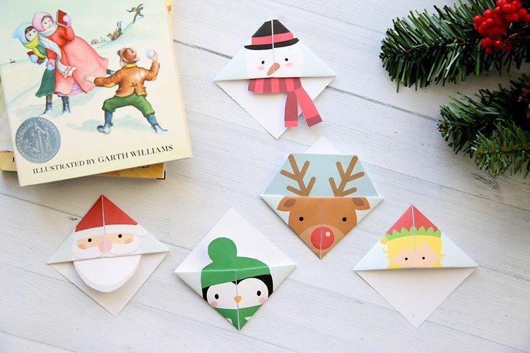 Origami Christmas kids idéer gör söta bokmärken gratulationskort eller juldekorationer själv