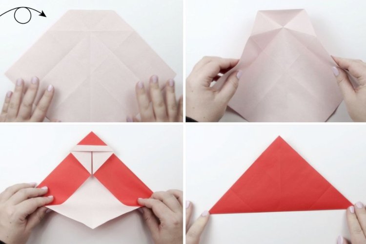 Origami jul med barn vikningsinstruktioner för jultomten från papper 20X20 steg från 9 till 12