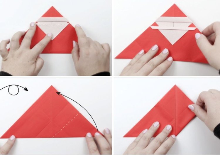 Origami Santa Klaus vikningsinstruktioner för barn Santa Claus steg 13 till 16