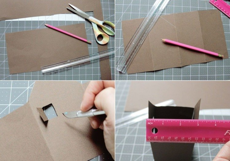 Skär en rektangel ur papper, vik det och skär ett fönster med en hantverkskniv