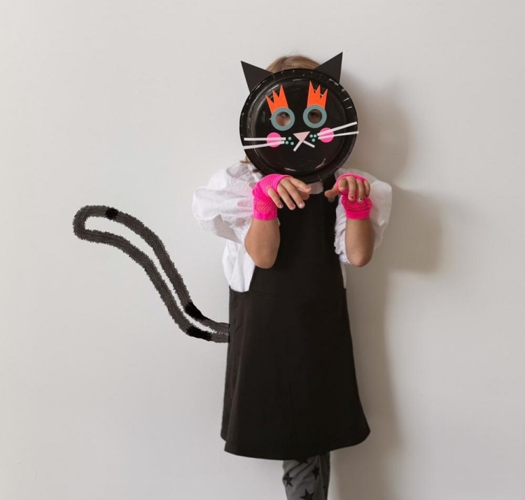 barn-karneval-kostym-katt-papper-tallrik-tjej-klänning-svart