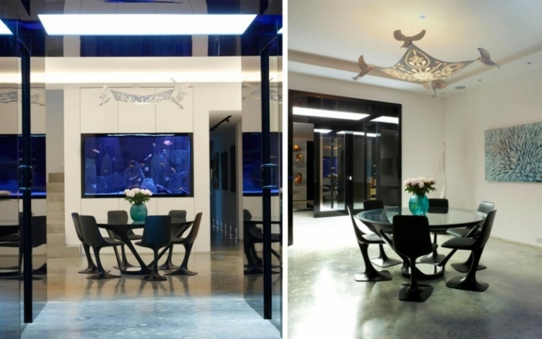 idéer väggdekoration matsal modern vitblå design akvarielampa original