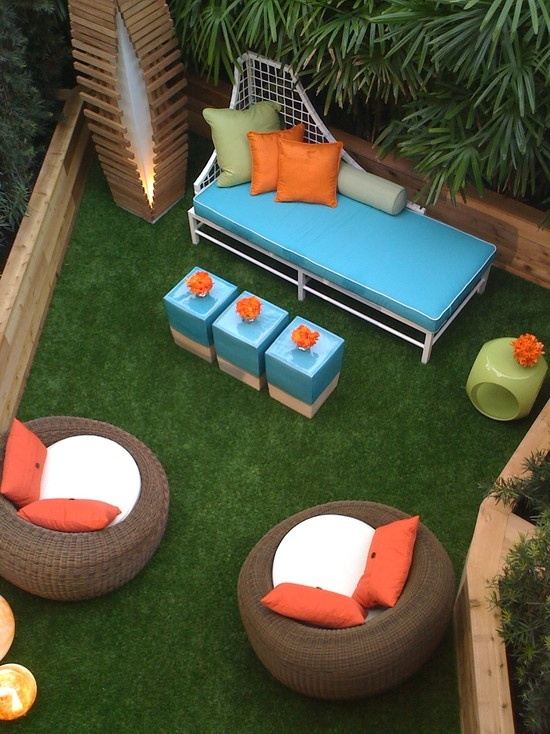 Terrassmöbler idéer blå-orange fåtölj soffa