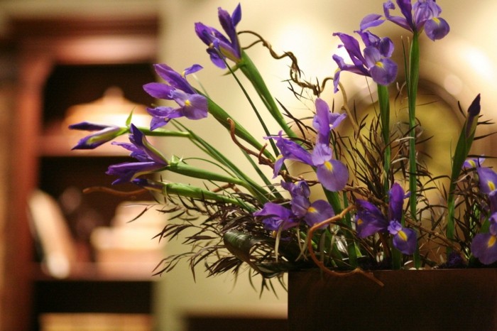 Påskbord dekoration av vårblommor iris blå gul kruka vas