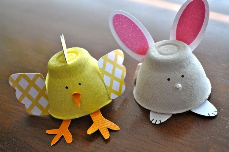 Påskhantverk med äggkartonger kyckling-idé-vingar-hantverk-papper-påsk-kanin-grå