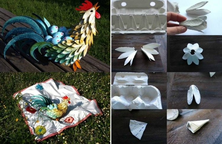 Påskhantverk-äggkartonger-dekoration-papper mache-tupp-färgglada-fjädrar-tinker