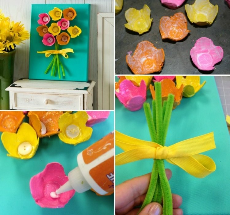 Påskhantverk-äggkartonger-väggmålning-duk-blommor-gör-det-själv-tråd