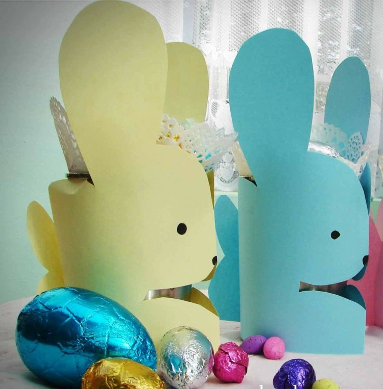 Påskdekoration-pyssla-gult-papper-blå-kanin-påse-choklad-ägg