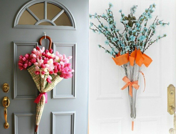 Alternativ dörrkrans med paraply och konstgjorda blommor