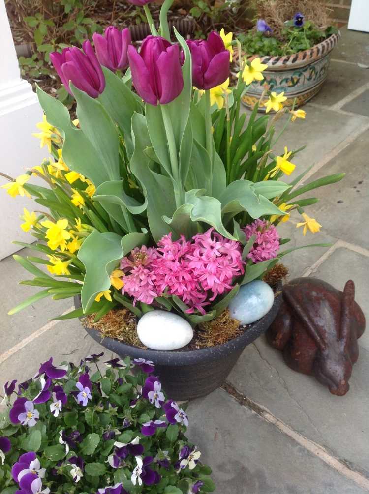 påsk-dekoration-utanför-tulpaner-hyacint-narcissus-påskägg-kanin-figur-violer