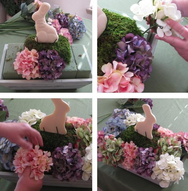 Påsk dekoration tinker idéer hortensior lila rosa mossa kanin figur