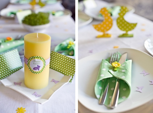 påsk dekoration idéer bord ljus gul grön servett