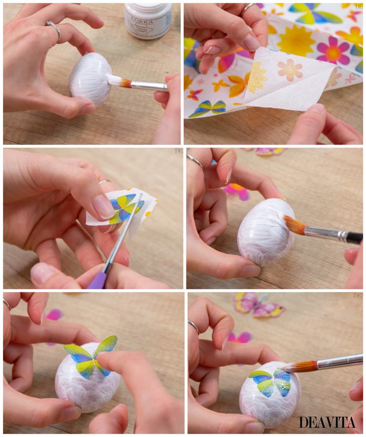 Dekorera påskägg med servetttekniken och klistra på blommor och fjärilar