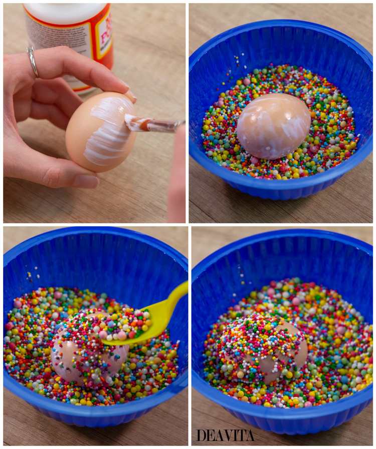 Stick på ägg med färgglada sockerströssel. Idé för småbarn