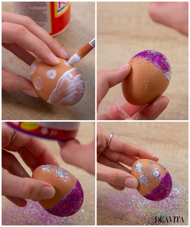 Designa påskägg med småbarn med glitter och klistra in