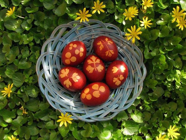 påsk-ägg-färger-naturligtvis-lök-skinn-blad-tryck