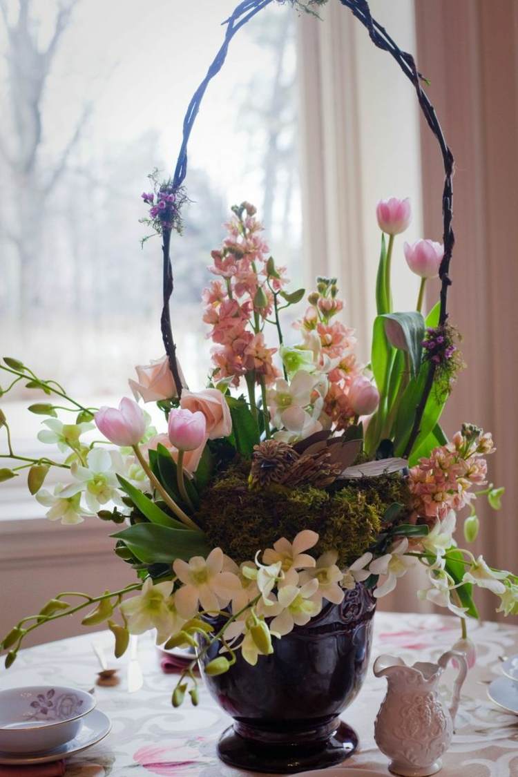 Påskarrangemang-gör-det-själv-blomkruka-påsk-korg-imitation-tulpaner-rosa-vackra