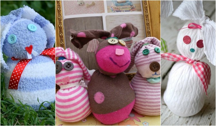 Påskkaniner pysslar barn-pyssel-idéer-strumpor-rosa-lila-randig-brun-vit-kaniner-knapp-ögon-rosett