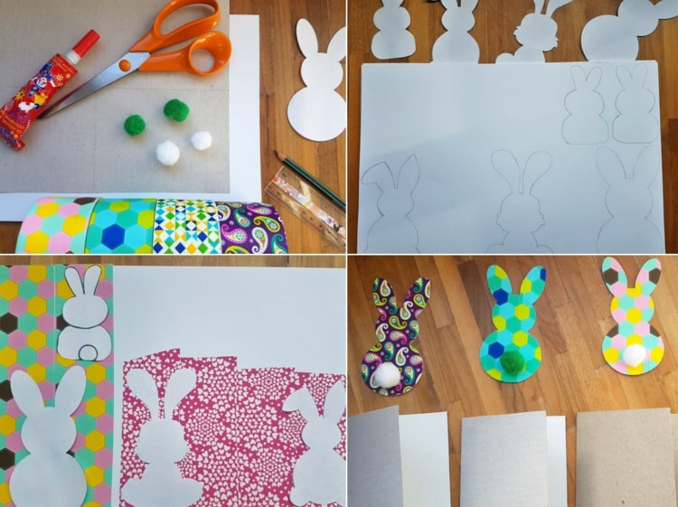 Gör påskkort med barn - kaniner på mönstrat papper eller med tejp