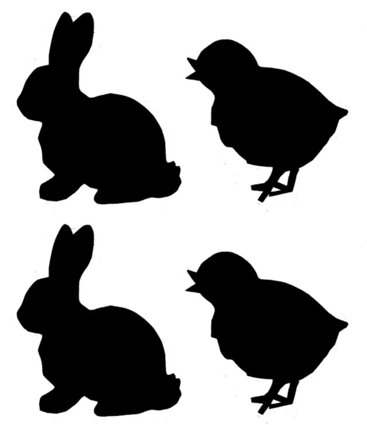 Gör dina egna påskkort med mallar med barn - kanin och fågelunge på en pinne