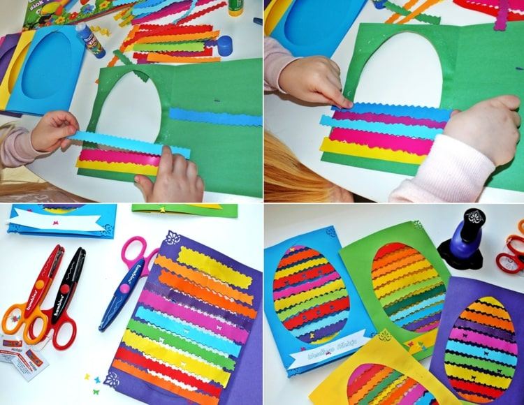 Gör gratulationskort till påsk av papper själv - lätt idé för barn