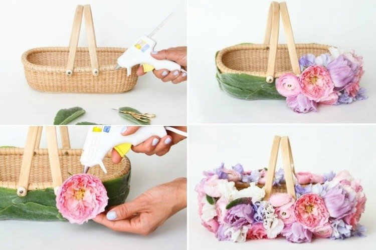 Påskkorg-tinker-barn-picknick-korg-dekorera-blad-blommar-blommor-konstgjorda