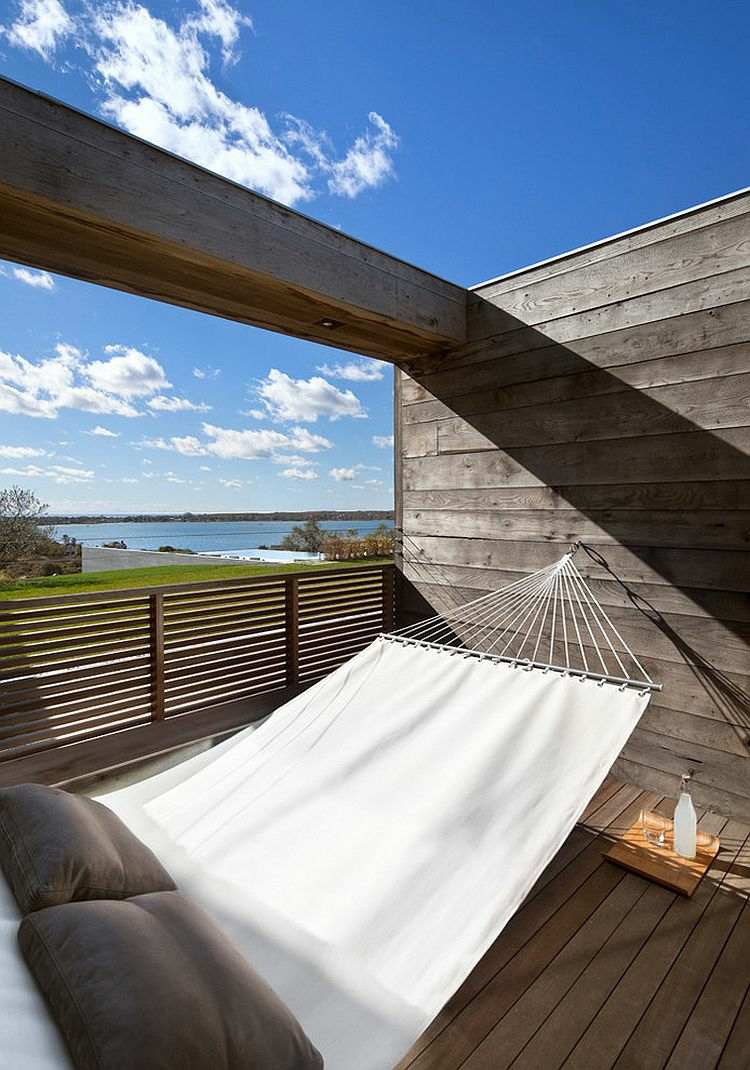 hängmatta utomhusområde modern design balkong trä utsikt sjö