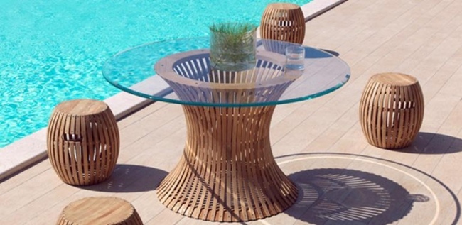 Swing serie-runda soffbord-glasskiva teakpall utomhus