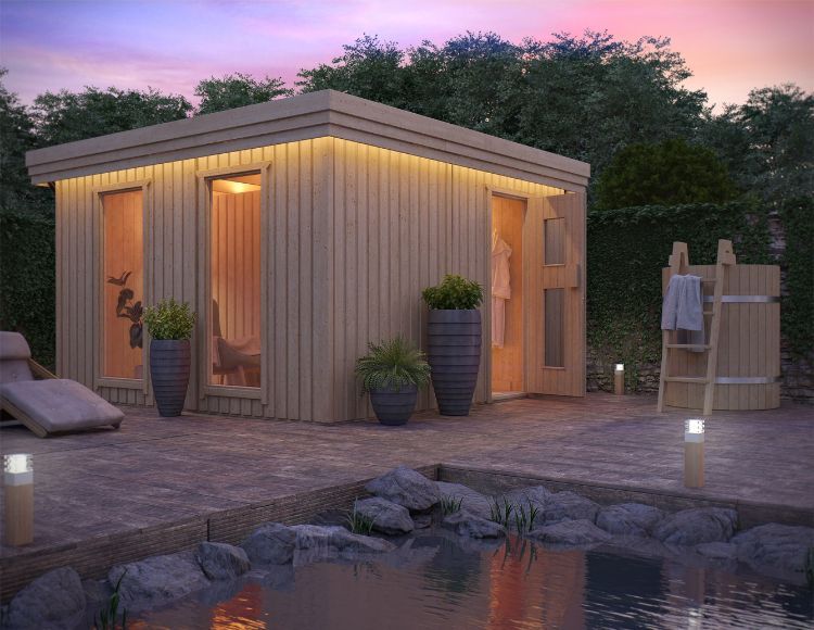 utomhus bastu byggnad idéer design utomhus relaxavdelning trä glas innergård pool belysning växter