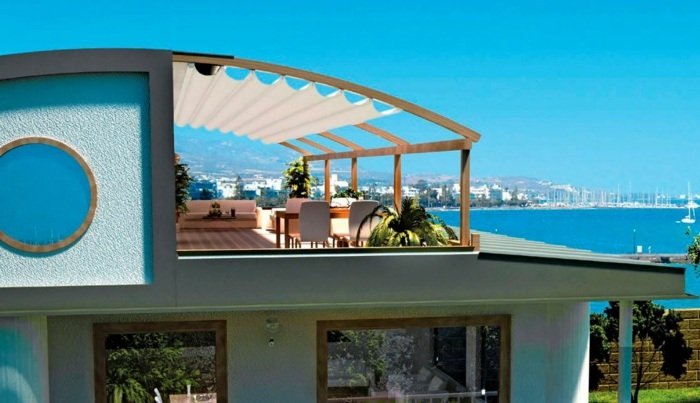 takterrass pergola veckad glidande havsutsikt
