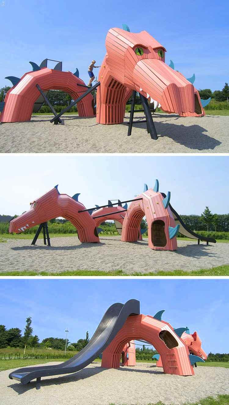 utomhus-lekplats-intressant-design-drake-klättring-vägg-rutschbana