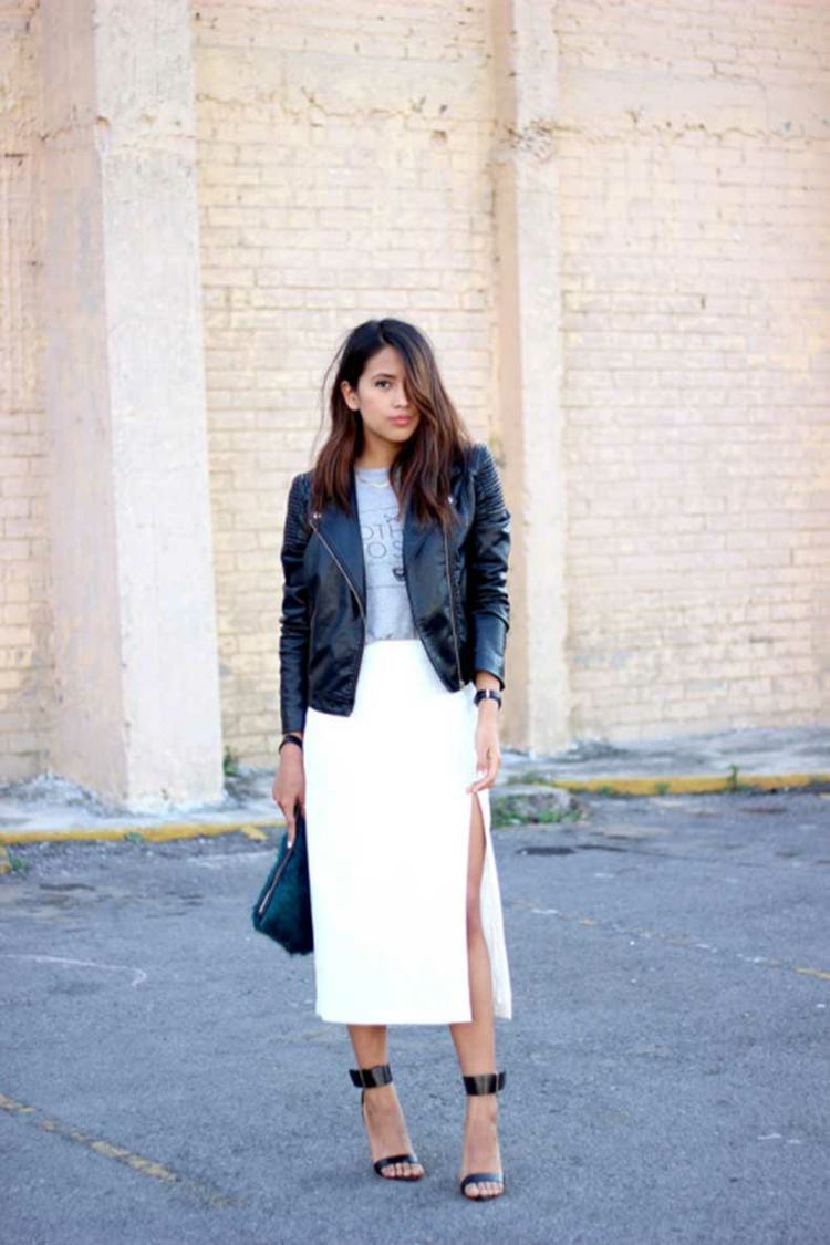 rock idéer vit outfit läderjacka svart slits sportig elegant