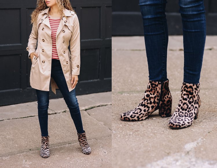 Outfits med leopardmönster skor ankelboots kappa randig blus röd vit