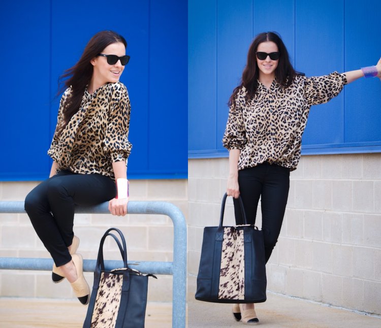 Leopardmönstrad blus Skinny Jeans Espadrilles Handväskor
