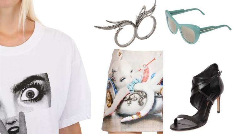 Outfits sommar 2015 -tshirt-dkny-caradelevingne-ring-cristinaortiz-miniskjol-mars-glasögon-stellamccarney-skor-casadei