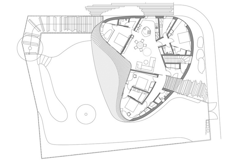 oval hus med trädgård och modern design planlösning