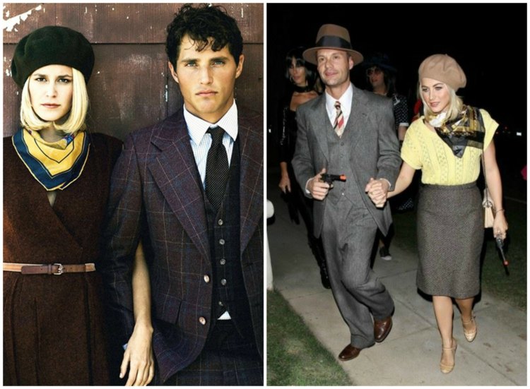 Par kostymer karneval-bonnie-clyde-basker-halsduk-kostym-slips-hatt