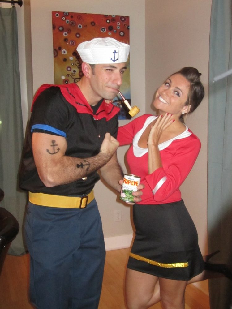 par-kostymer-karneval-popeye-oliv-svart-t-shirt-kjol-blå-byxor-röd-skjorta-vit-havshatt