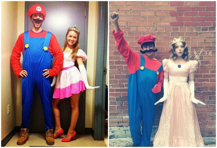 par-kostymer-karneval-supermario-prinsessa-blå-skjorta-byxor-röd-tröja-hatt-mustasch-rosa-klänning