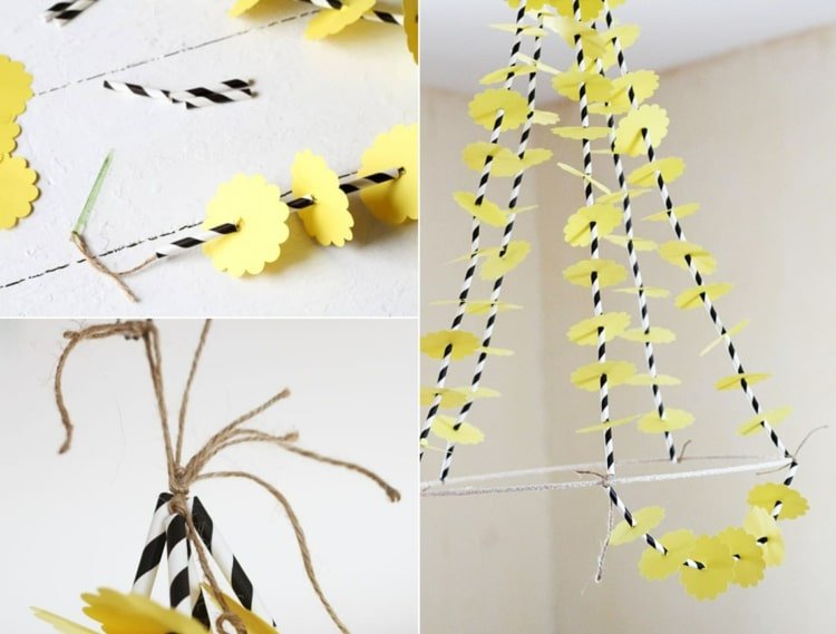 Gör gul mobilé med pappersblommor - den polska pyjakin gjorde du själv