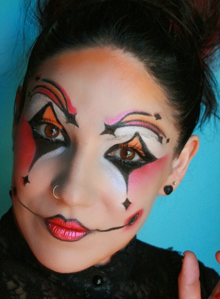kvinna harlekin clown joker mun ögon färgglada halloween smink