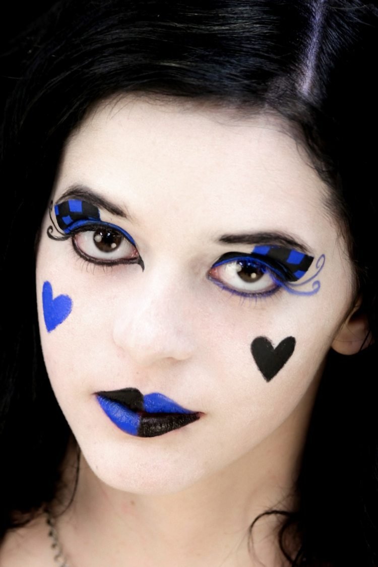 harlekin smink blå svart vitt ansikte halloween karneval