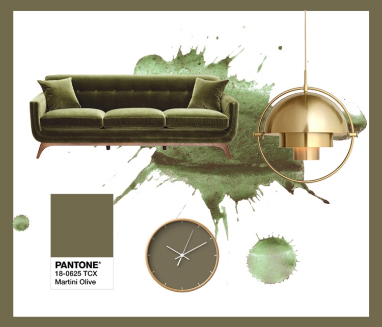 pantone färger olivgrönt guld soffa väggklocka