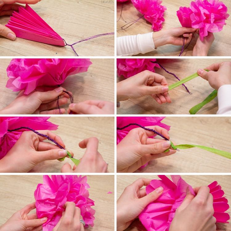 Papper blommor tinker instruktioner barn hantverk tråd satinpapper