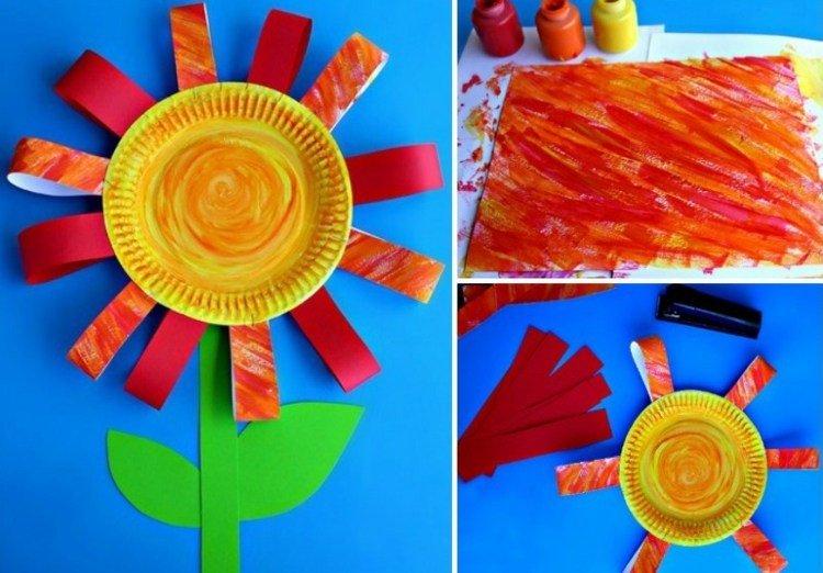 Tinkerpapper blommor med barn vårhantverk-pappersplattor-pappersremsor-solros-bild-lim