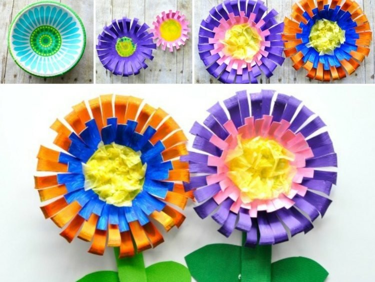 pappersblommor-tinker-barn-kartong-skål-blommor-färger-diy-projekt-fransar-skärning