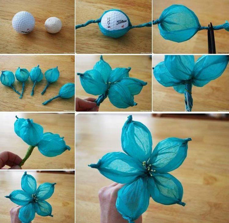pappersblommor-tinker-barn-silkespapper-blå-golf-boll-idé-3d-blomma