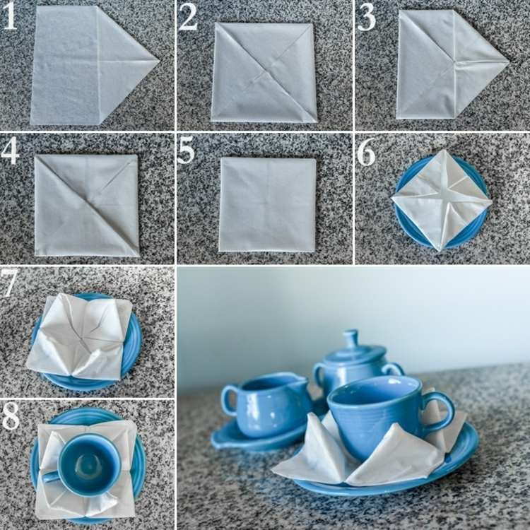 vikbara pappersservetter frukost designa koppar dekorera blå porslinskanna