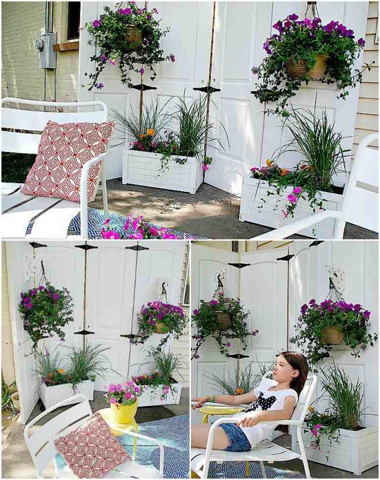 Paravent-trädgård-gör-det-själv-dörrar-planters-hängande krukor-blommor-uteplats