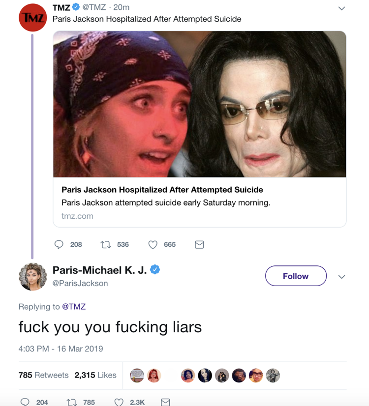 Paris Jackson kämpar mot rykten om självmordsförsök